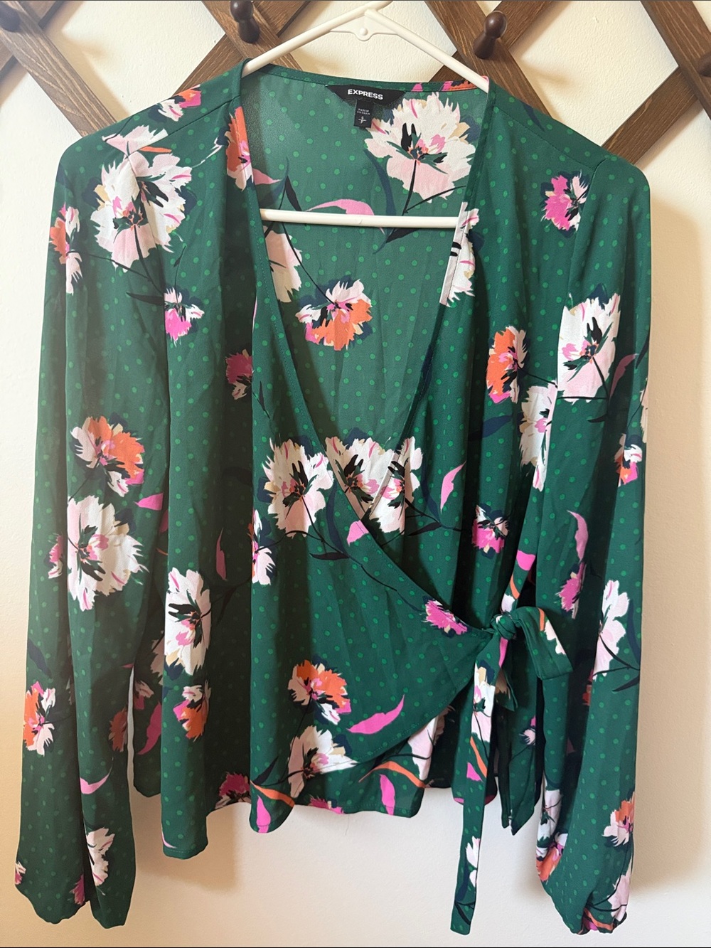 Express Green Floral Wrap Blouse with Pink & Coral Accents